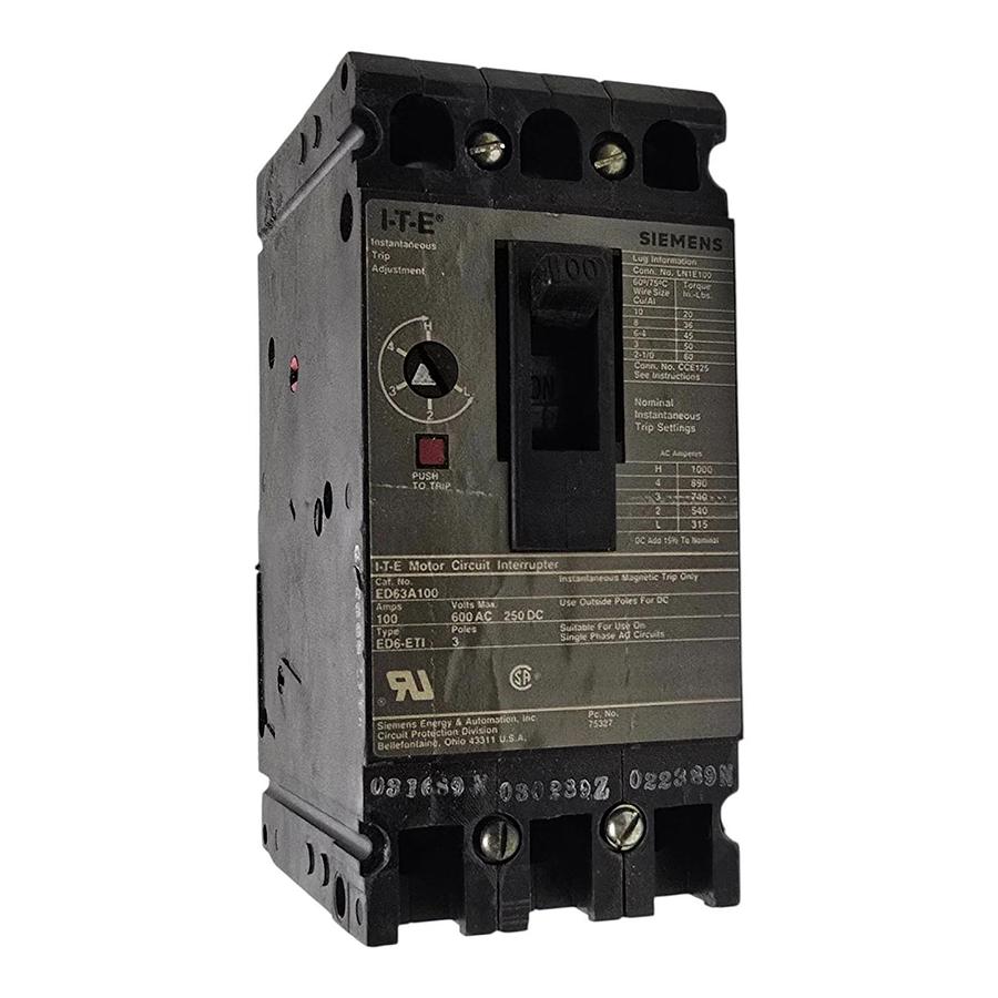 Used Siemens I-T-E ED63A100 Sentron Circuit Breaker | 100A 600V 3P | ED6-ETI w/Trip