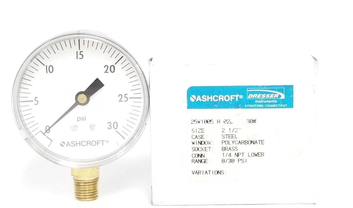 Used NEW ASHCROFT 25W1005 H 02L 30# PRESSURE GAUGE 0-30PSI, 25W1005H02L