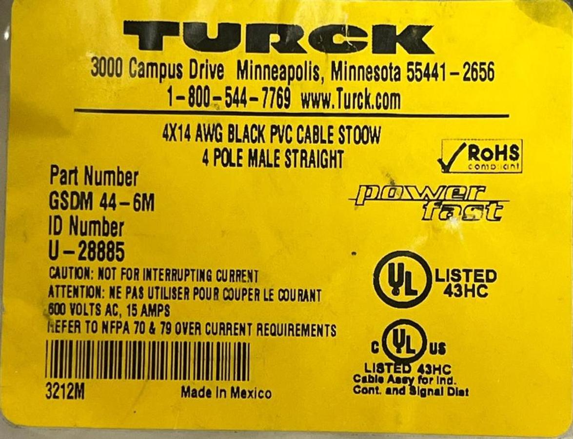 Used Turck GSDM 44-6M Powerfast Power Cordset 4-Pin 6m U-28885 NEW