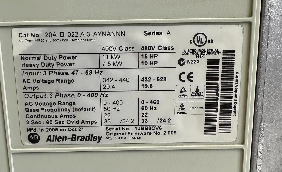 Used ALLEN BRADLEY 20AD022A3AYNANNN /A PowerFlex 70 AC DRIVE 11kW/15HP 432-528V 19.8A
