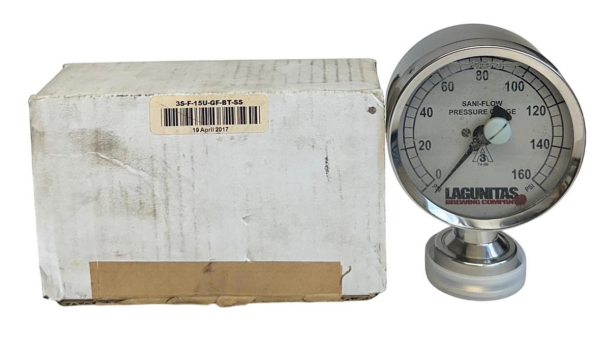 Used CSE 3S-F-15U-GF-BT-SS / 3SF15UGFBTSS SANI-FLOW PRESSURE GAUGE 0-200PSI NSMP