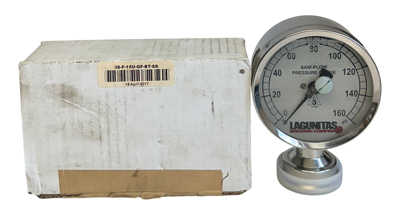 Used CSE 3S-F-15U-GF-BT-SS / 3SF15UGFBTSS SANI-FLOW PRESSURE GAUGE 0-200PSI NSMP