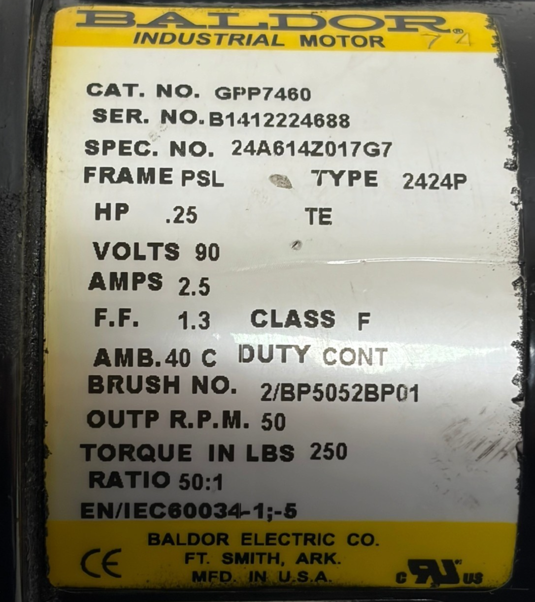 Used Baldor GPP7460 1/4HP Parallel Shaft 90VDC Gearmotor 50 RPM Torque 250 Lb-In