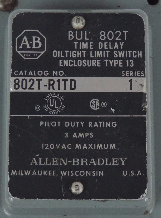 Used ALLEN BRADLEY 802T-R1TD LIMIT SWITCH SERIES 1 3AMPS 120VAC 802TR1TD