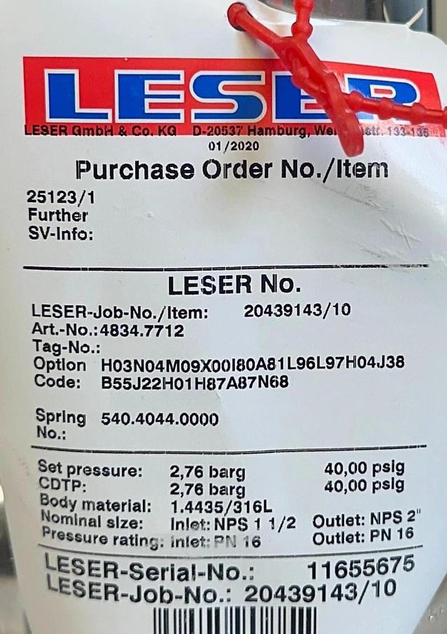 LESER 4834.7712 Type 483 Safety Relief Valve 1.5" x 2" NPS 316L/SS 40psig NSNP