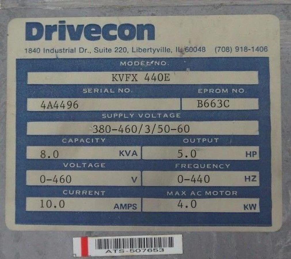 Used DRIVECON KVFX-440E TRANSISTOR INVERTER 380-460V 50/60HZ 10AMP 5HP