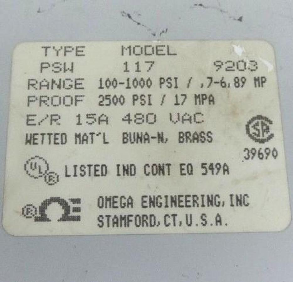 Used OMEGA PSW-117-9203 PRESSURE SWITCH TYPE PSW MODEL 117