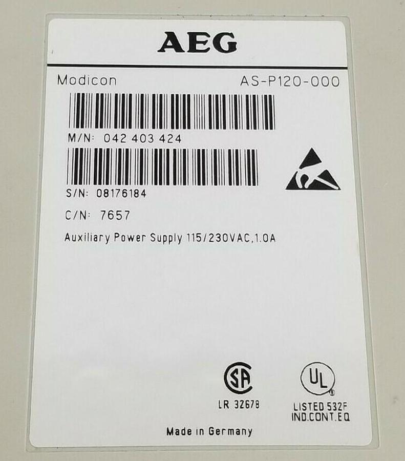 Used MODICON / AEG AS-P120-000 AUXILIARY POWER SUPPLY MODULE 042-403-424 (DAMAGED)