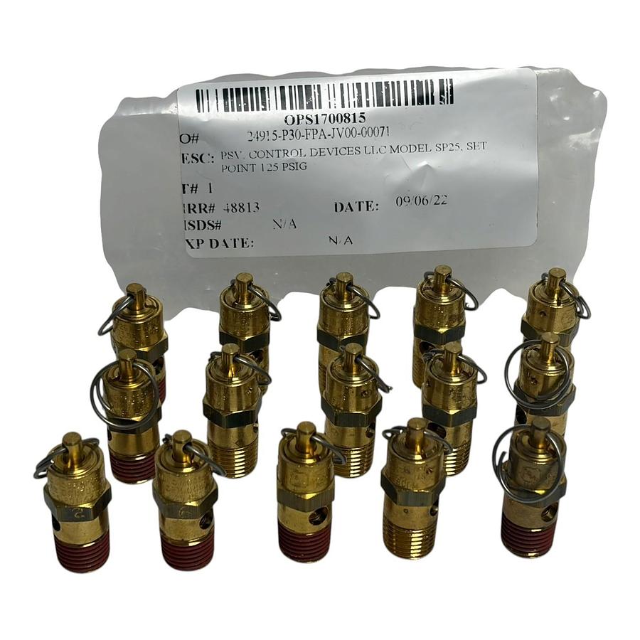 Used Control Devices SP25 Brass Safety Relief Valve Lot of 15 125 PSIG 1/4" NPT New