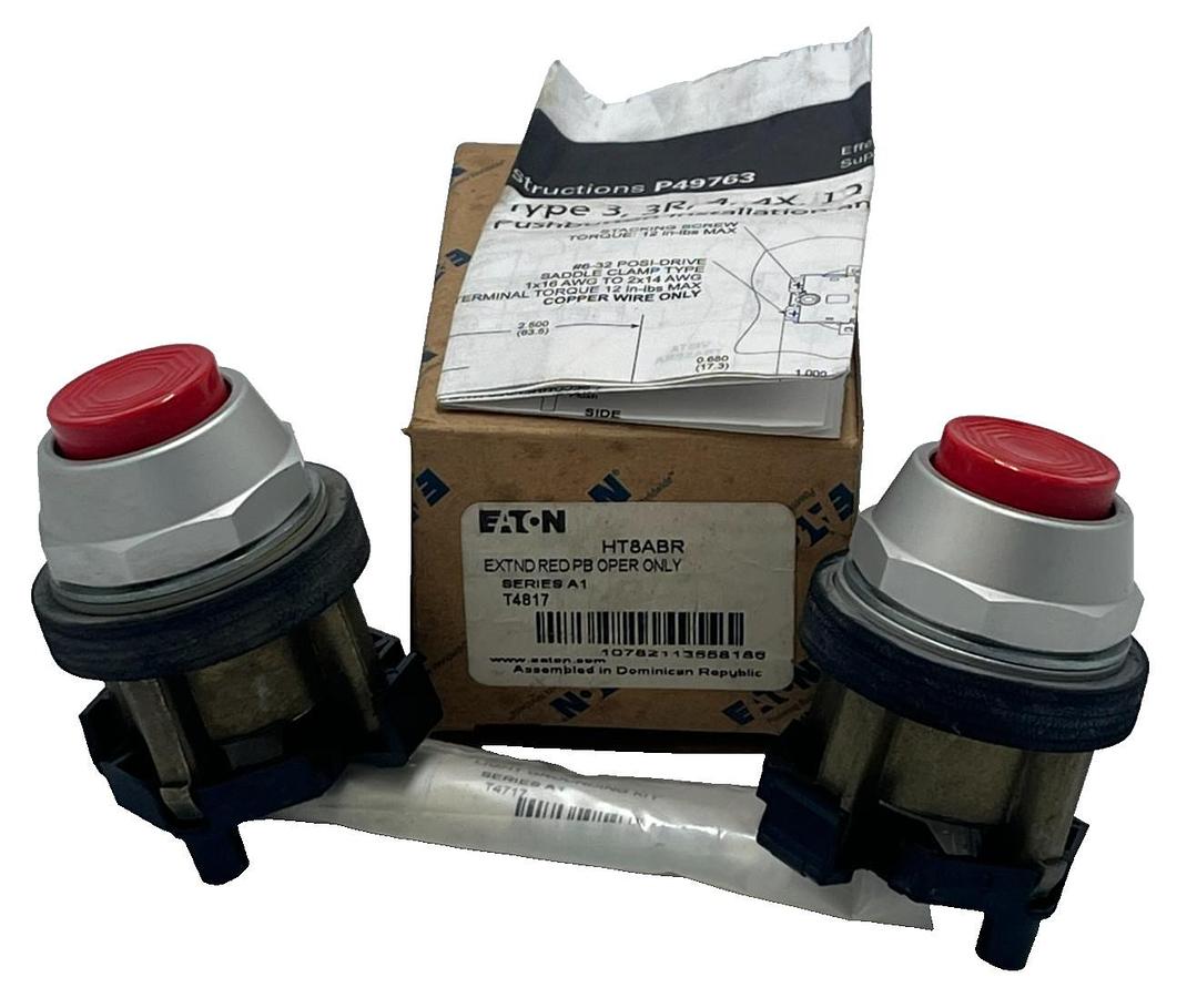 LOT OF 2 EATON HT8ABR Extended Red Pushbutton Momentary 22.5mm HT8ABR