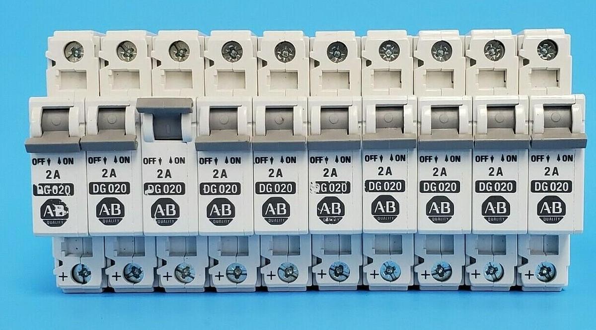 Used LOT OF 10 ALLEN BRADLEY 1492CB1DG020 CIRCUIT BREAKERS, 1492-CB1-DG-020, 2A, 1P