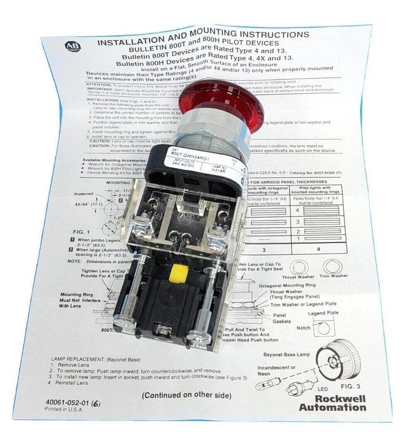 Used NEW ALLEN BRADLEY 800T-QBH24RG1 /T ILLUMINATED PUSH BUTTON 24V RED 800TQBH24RG1