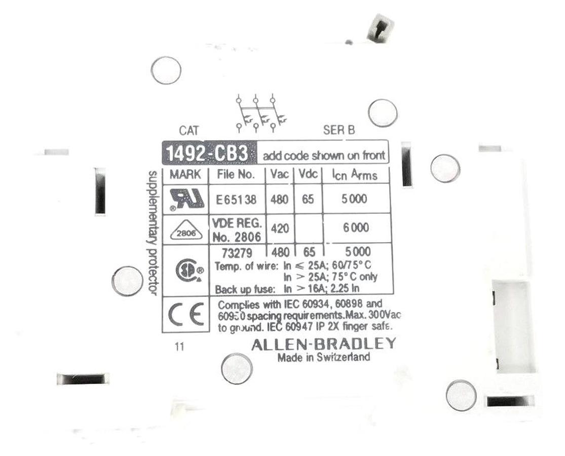 Used ALLEN BRADLEY 1492-CB3-H-060 CIRCUIT BREAKER 6AMP, 3POLE, SER. B