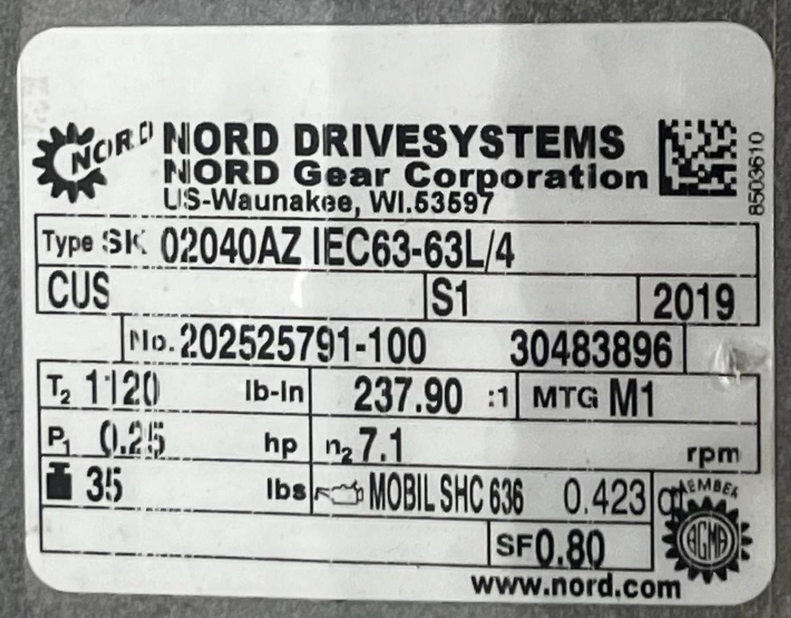 NORD SK63L/4 CUS Inverter Duty Motor w/ SK02040AZ-IEC63 Gearbox 0.25HP 3-Phase