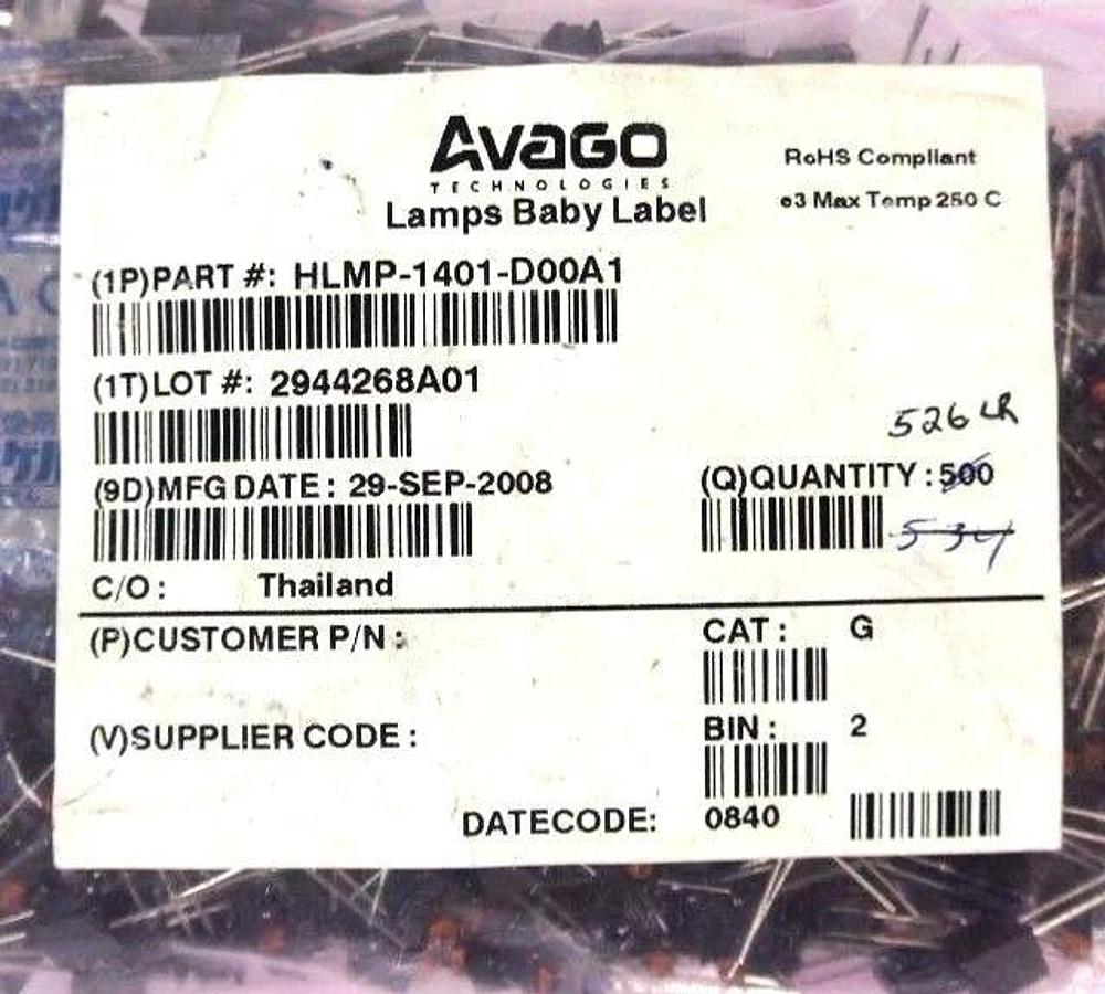 Used BAG OF 526 NEW AVAGO HLMP-1401-D00A1 LED, T-1, YELLOW, 3.6MCD, 585NM LAMPS