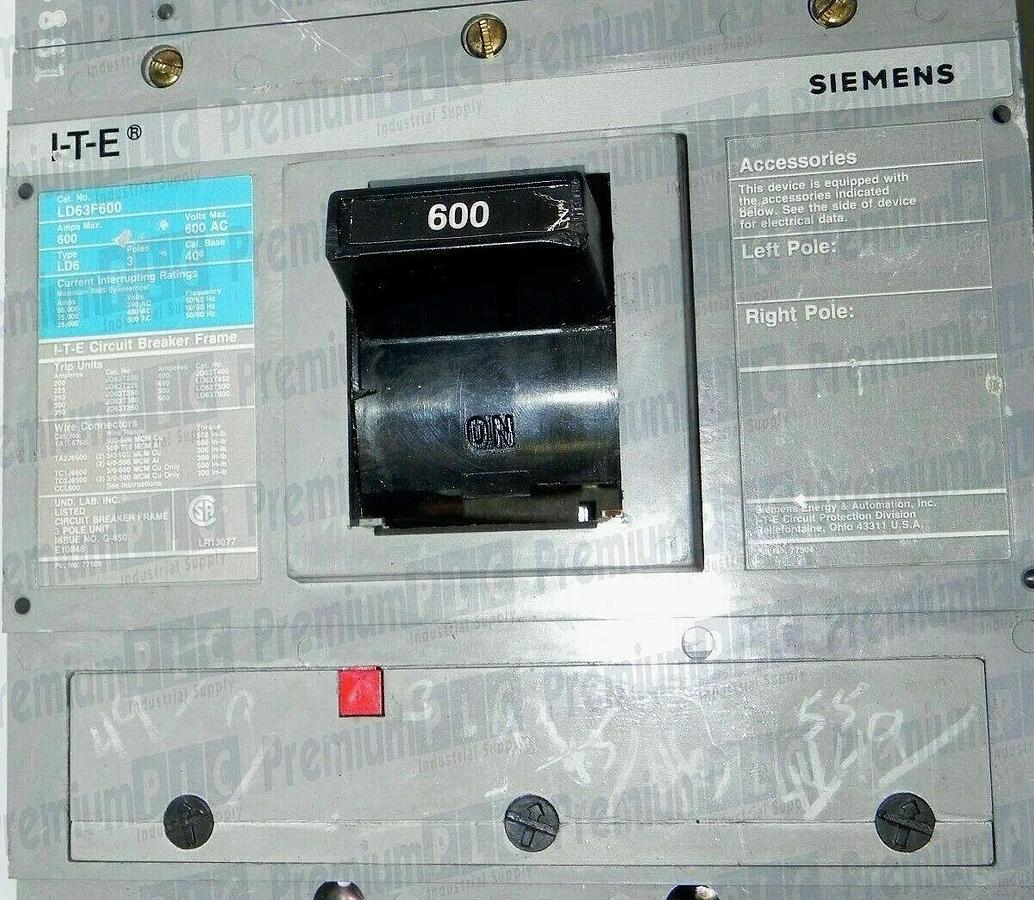 Used SIEMENS LD63F600 I-T-E CIRCUIT BREAKER 600 AMP 3 POLE W/TRIP *NOT WORKING*