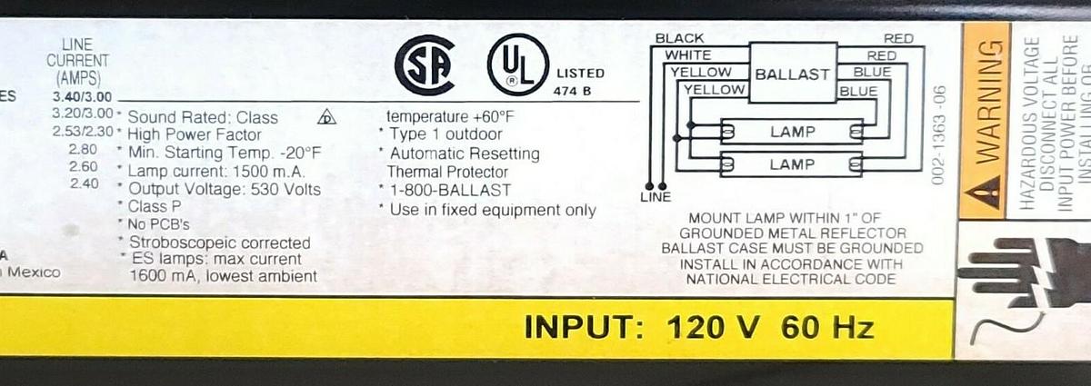 NIB UNIVERSAL LIGHTING TECHNOLOGIES 931LHTCP000I MAGNETIC BALLAST 120V 60HZ