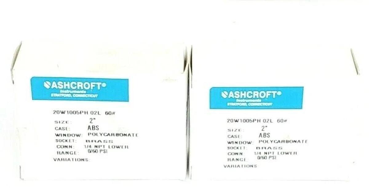 Used LOT OF 2 NIB ASHCROFT 20W1005PH 02L 60# PRESSURE GAUGES 0-60PSI, 1/4 NPT LOWER