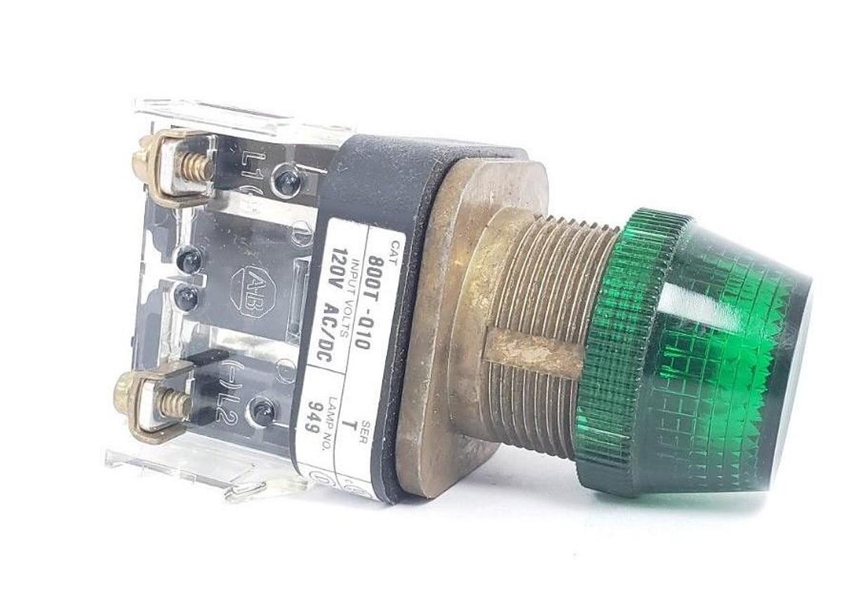 Used NIB ALLEN-BRADLEY 800T-Q10G SER. T GREEN PILOT LIGHT, 800T-Q10, 120V, TYPE 4, 13