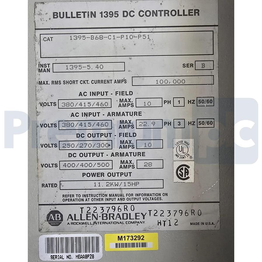 Used Allen-Bradley 1395-B68-C1-P10-P51 /B Digital DC Drive 15HP 460VAC Regen USPI