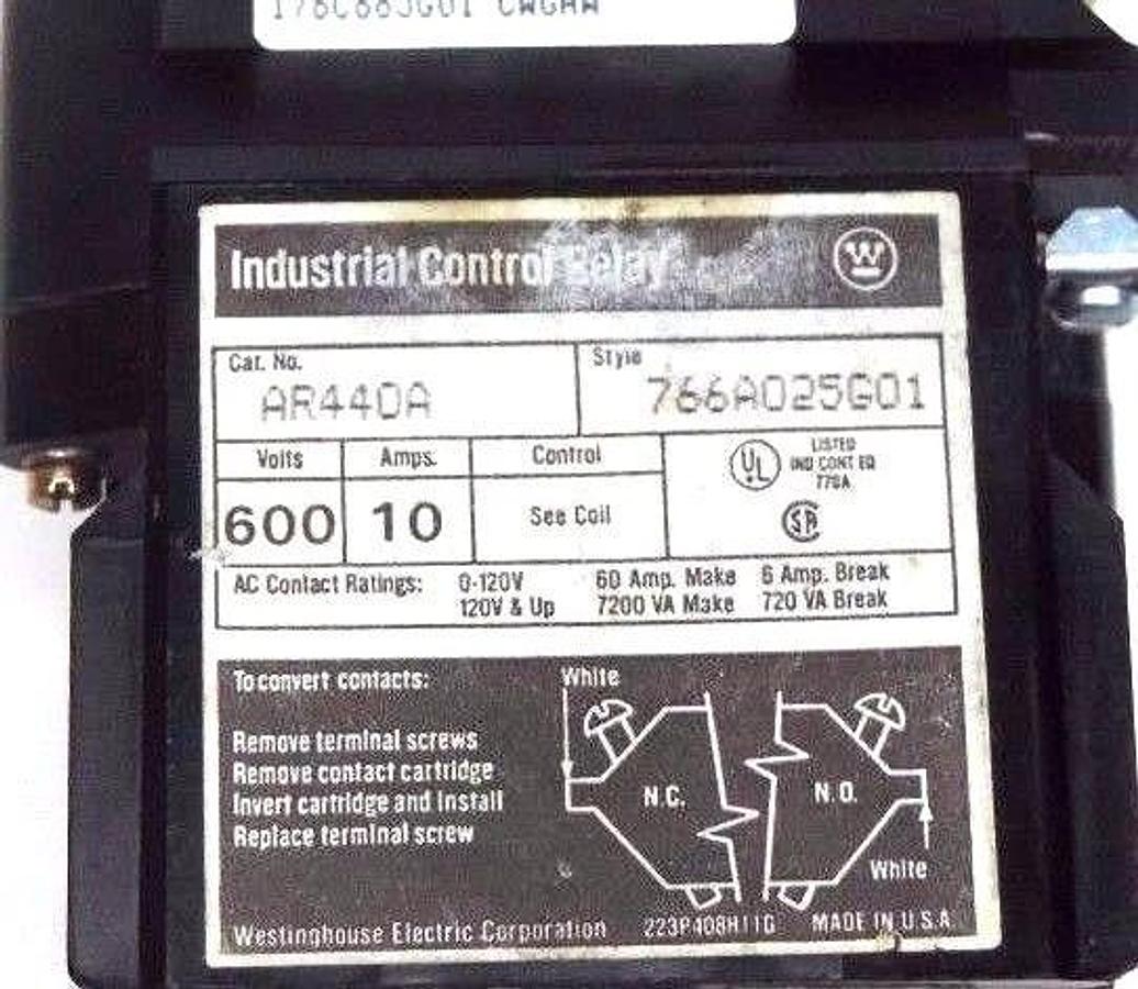 Used WESTINGHOUSE AR440A INDUSTRIAL CONTROL RELAY 766A025G01, 600V, 10AMP