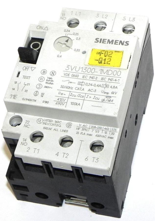 Used SIEMENS 3VU1300-1MD00 STARTER MOTOR PROTECTOR 0.24-0.40AMP 3POLE 3VU13001MD00