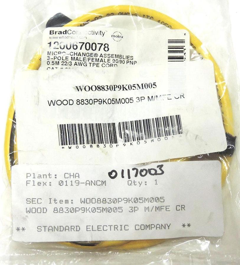 Used NEW WOODHEAD 8830P9K05M005 CORDSET CONNECTOR 3POLE MALE/FEMALE 1200670078