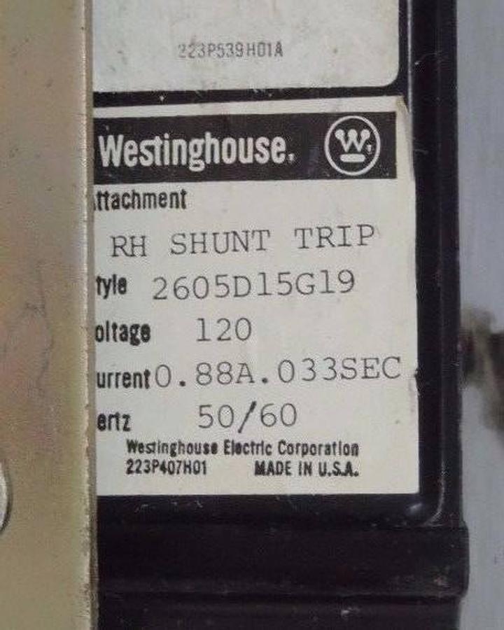 Used WESTINGHOUSE LBB3400NW CIRCUIT BREAKER W/ 2605D15G19 SHUNT TRIP ASSEMBLY