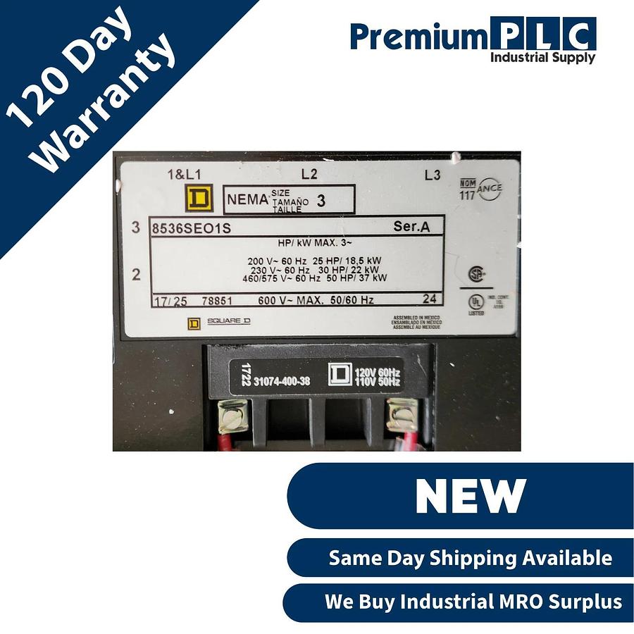 NEW SQUARE D 8536SEO1V02S /A 3-PH 600V SIZE 3 STARTER 120V COIL 8536-SEO1-V02S 785901788515