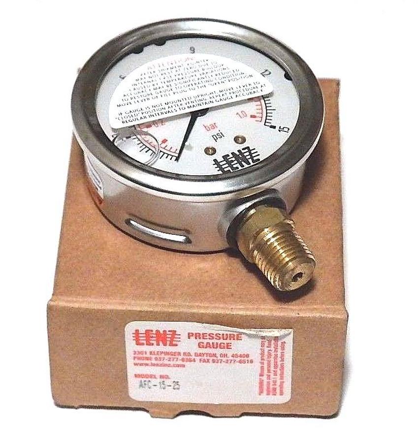 Used NIB LENZ AFC-15-25 PRESSURE GAUGE 0-15PSI, 0-1.0BAR, AFC1525