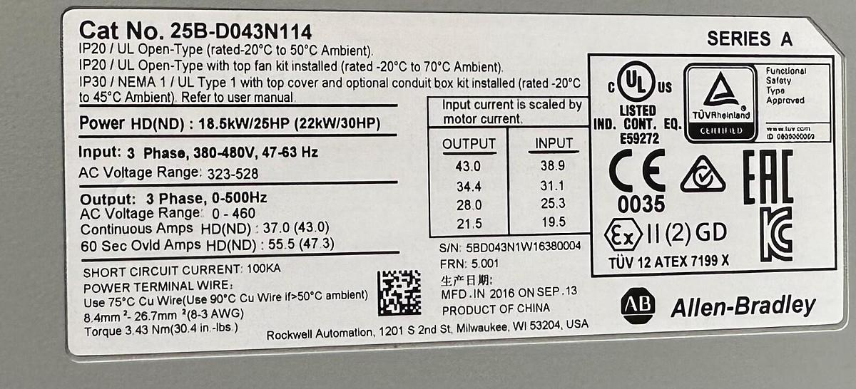 Used ALLEN BRADLEY 25B-D043N114 /A PowerFlex 525 AC DRIVE 22kW/30HP 480V 25BD043N114