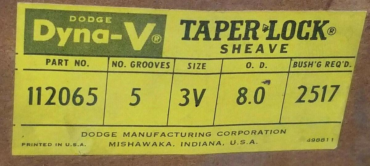 Used NIB DODGE DYNA-V 112065 TAPER-LOCK SHEAVE 5 GROOVE 3V 8.0 OD. 2517