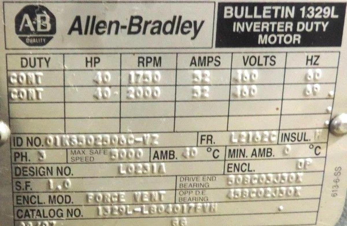 Refurbished ALLEN BRADLEY 1329L-LB0401017FVH BULLETIN INVERTER DUTY MOTOR *REPAIRED*