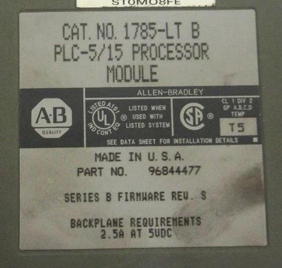 Used ALLEN BRADLEY 1785-LT/B PLC-5/15 PROCESSOR MODULE SER B PN 96844477 1785LT