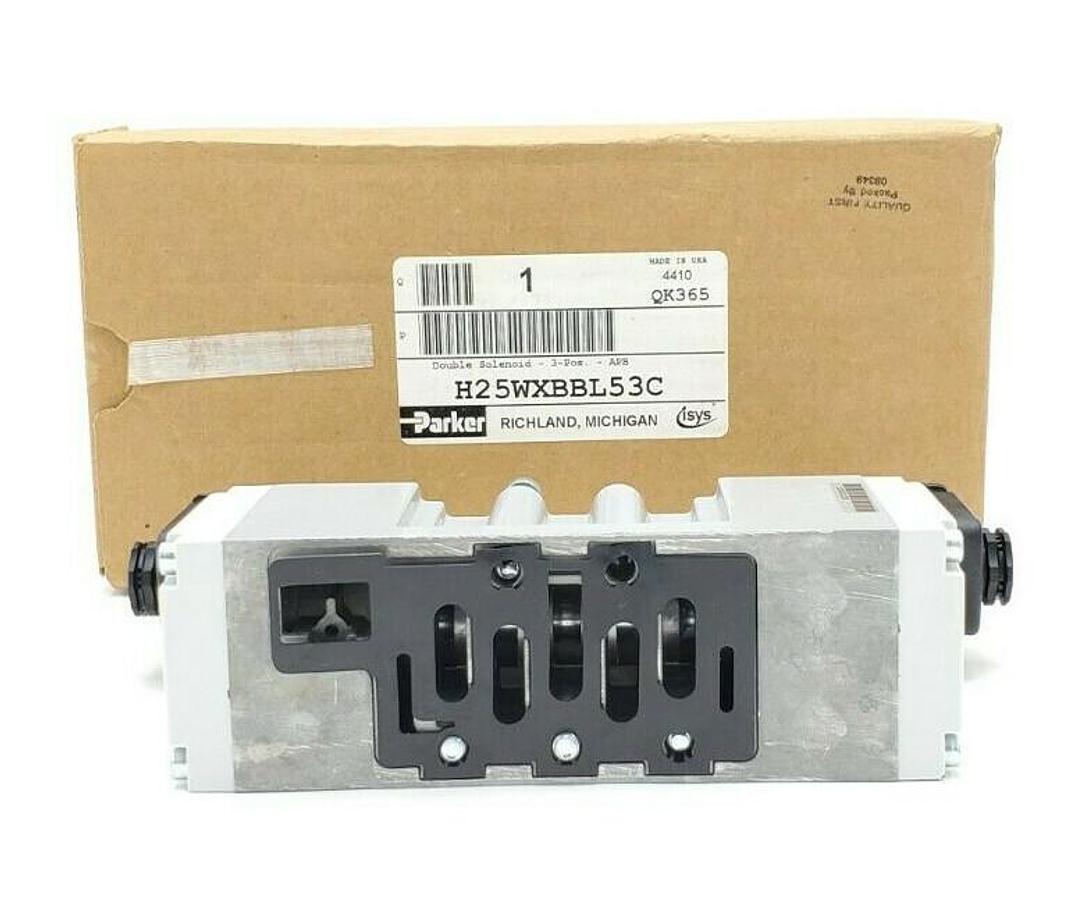 Used NIB PARKER H25WXBBL53C DOUBLE SOLENOID VALVE 3-POS. APB 145PSIG 120VAC