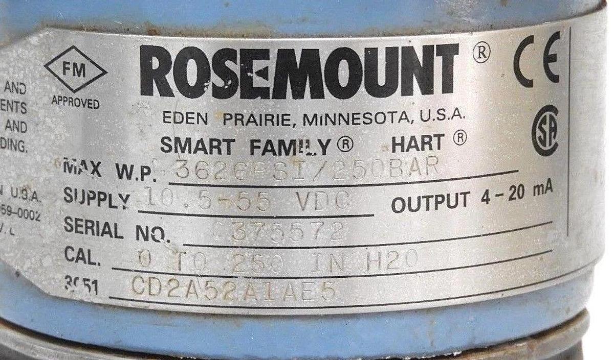 Used ROSEMOUNT 3051CD2A52A1AE5 SMART FAMILY HART TRANSMITTER 10.5-55 VDC