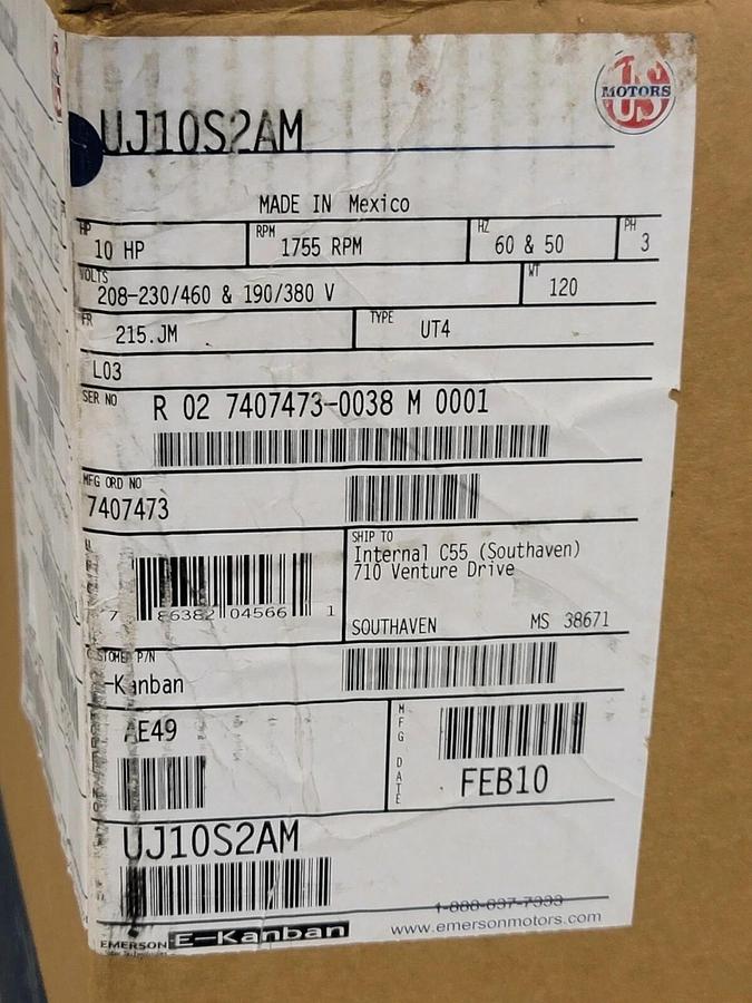 Used NIB US MOTORS UJ10S2AM MOTOR 10HP, 1755 RPM, TYPE: UT4, 208-230/460 & 190/380V