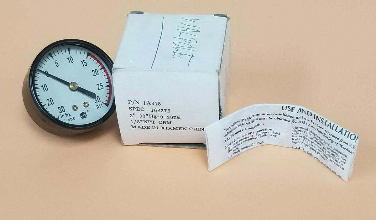 Used NIB USG 1A318 PRESSURE GAUGE 1/8IN NPT 30INCH HG SPEC 168379, 2''
