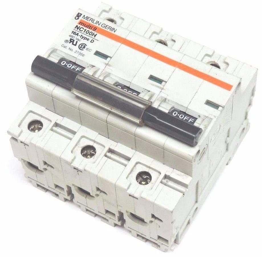 Used MERLIN GERIN NC100H MULTI 9 CIRCUIT BREAKER 16A, TYPE D, 480VAC, 27356