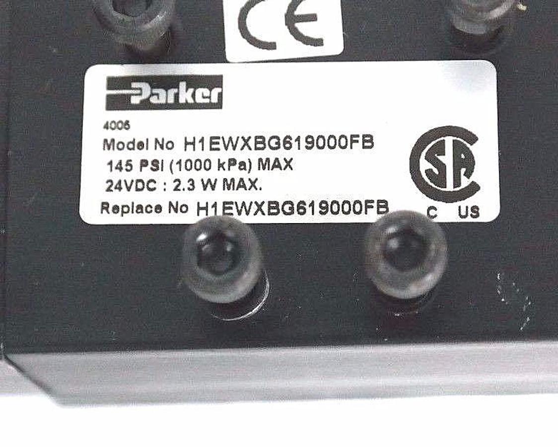 Used NIB PARKER H1EWXBG619000FB PNEUMATIC VALVE 145PSI MAX, 24VDC, 2.3W MAX, P0293349