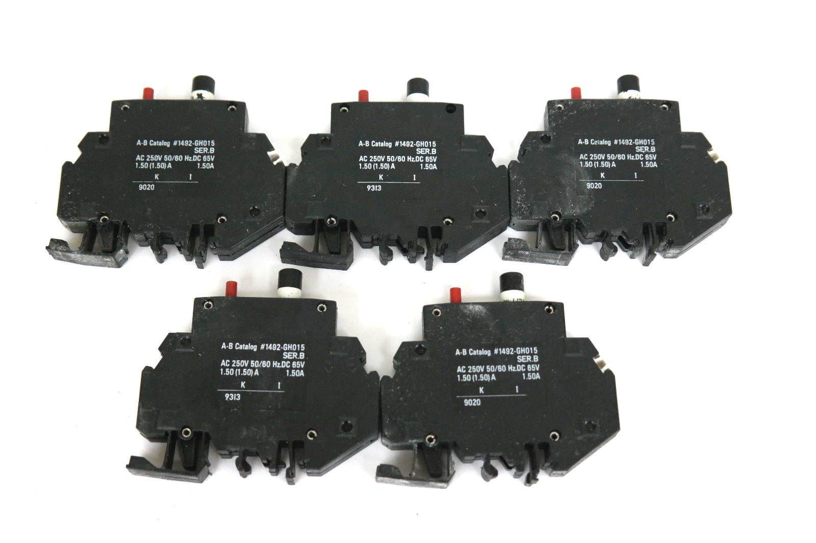 Used LOT OF 5 ALLEN BRADLEY 1492-GH015 MINI CIRCUIT BREAKERS SER B, 1.5AMP, 1492GH015