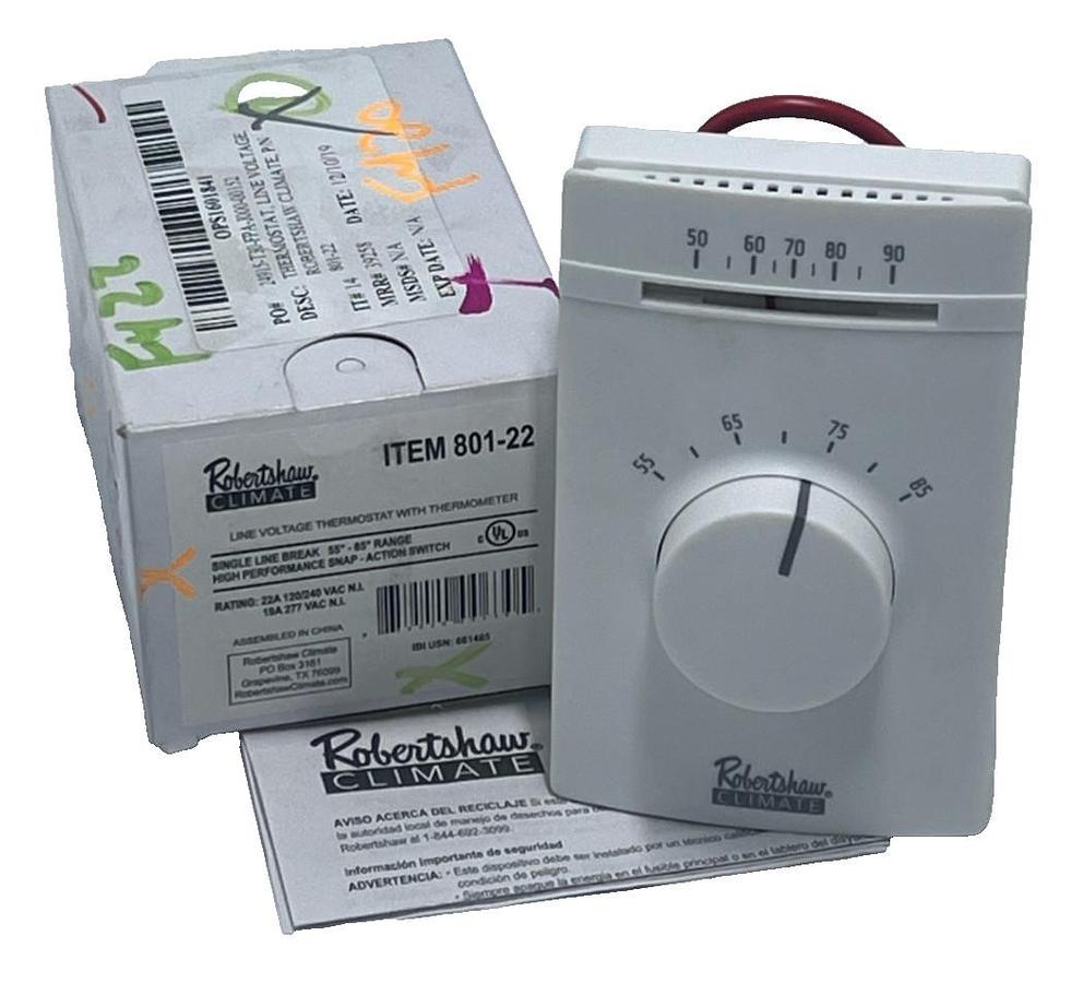 Robertshaw 801-22 Line Voltage Thermostat with Thermometer Single Line Break