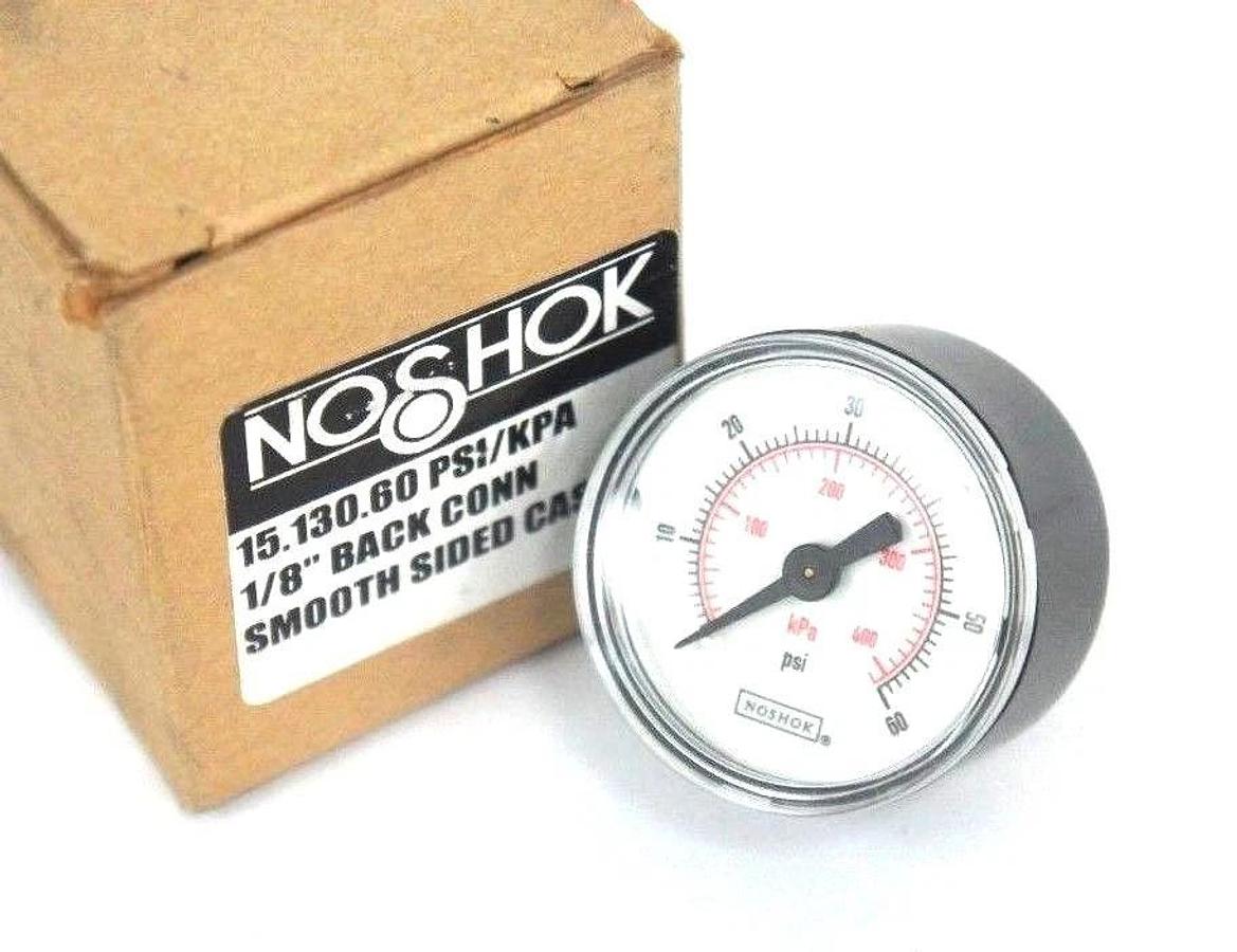Used NIB NOSHOK 15-130-60 PRESSURE GAUGE 0-60PSI, 0-410KPA, 1/8" NPT BACK CONN
