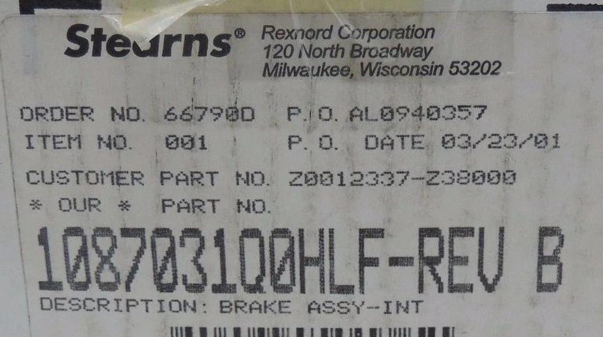 REXNORD STEARNS 1087031Q0HLF REV. B 87000 BRAKE ASSY-INT 25 LB-FT 380/460V NSMP