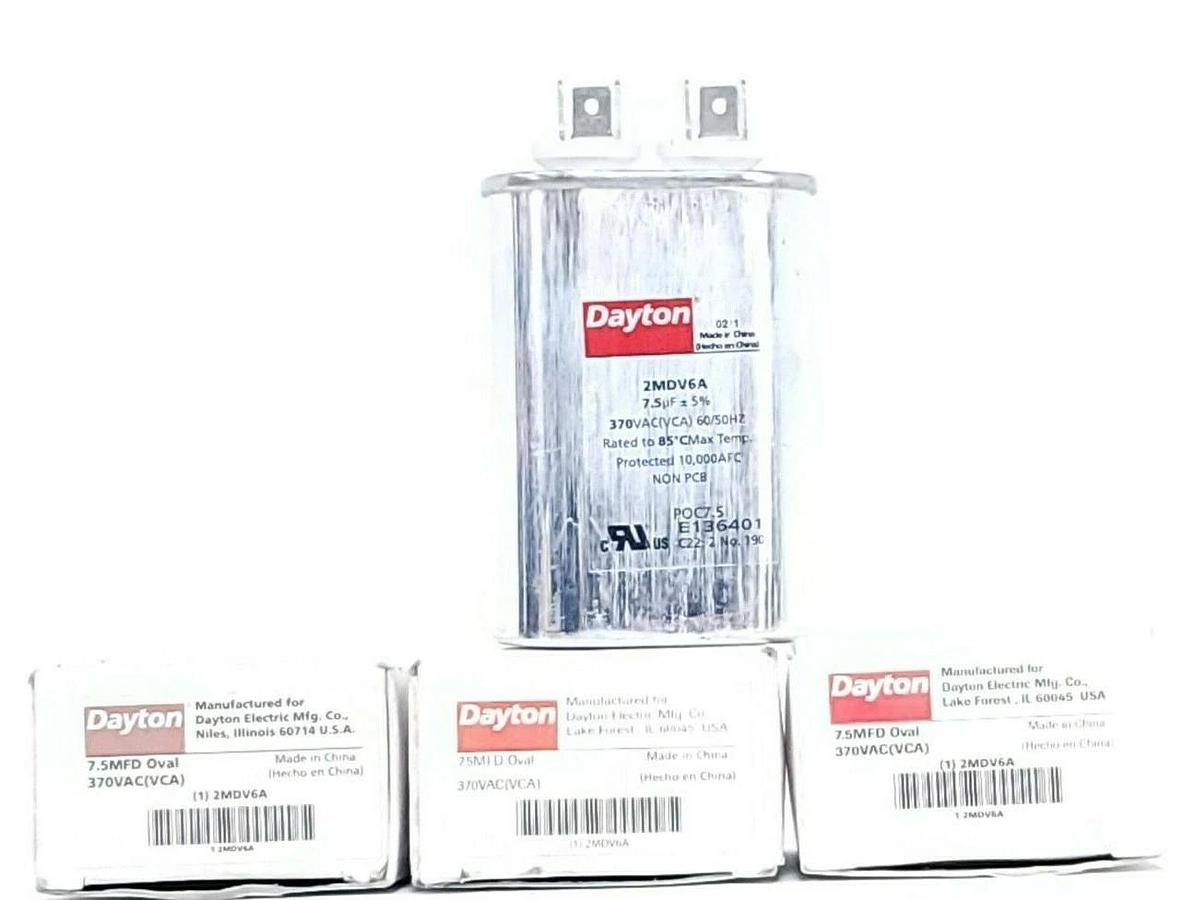 Used LOT OF 3 NIB DAYTON 2MDV6A CAPACITORS 7.5MFD OVAL 370VAC (VCA) 60/50HZ