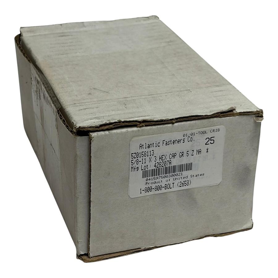 Used Box of 25 Atlantic Fasteners 5/8-11 x 3" Grade 5 Zinc Hex Cap Screw Bolts