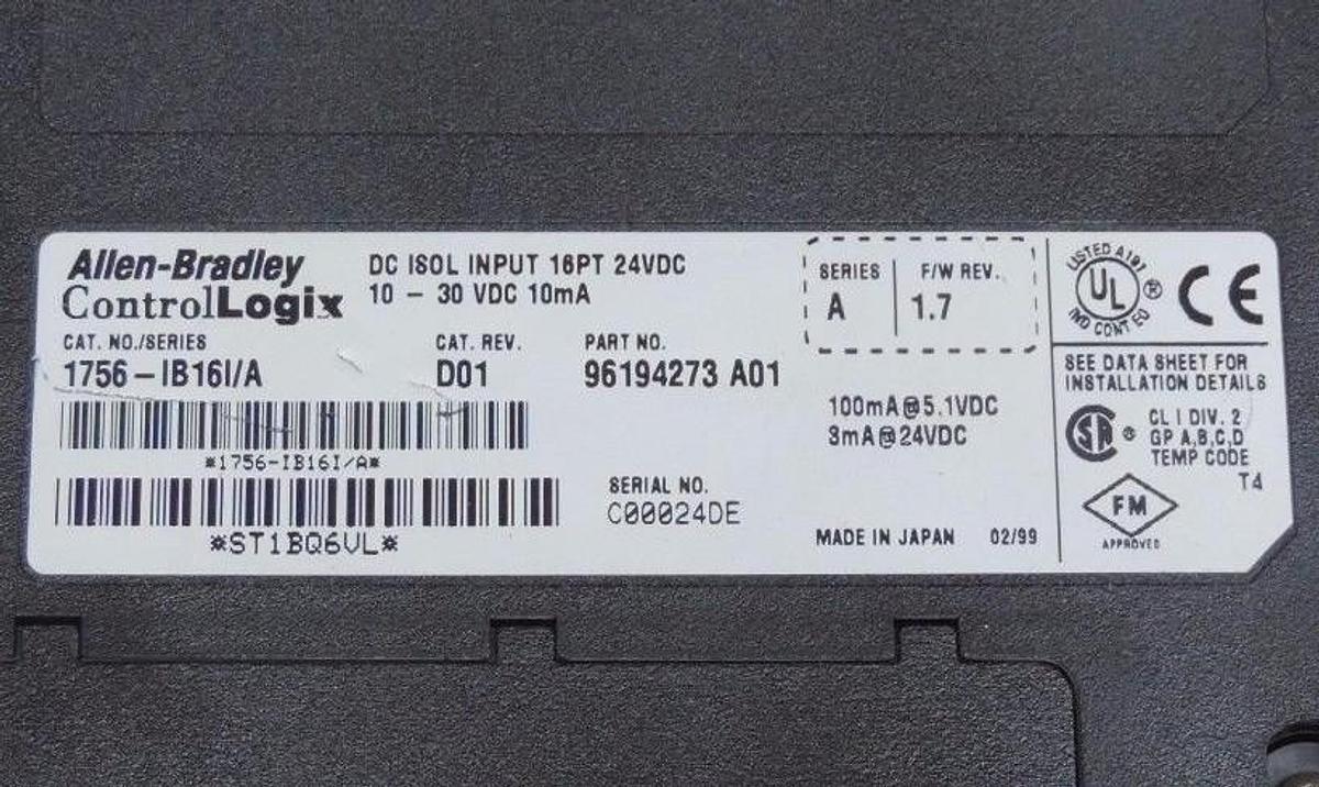 Used ALLEN BRADLEY 1756-IB16I/A INPUT MOUDLE SER A F/W REV 1.7 CAT REV D01 1756IB16IA