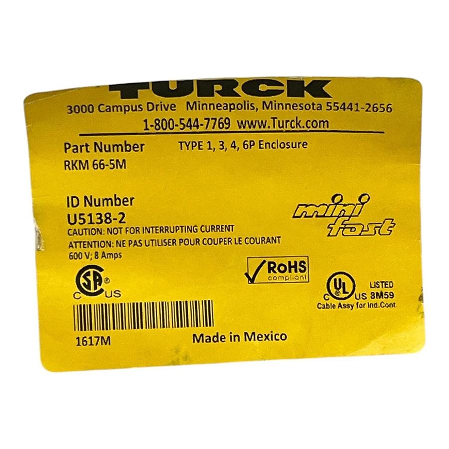 Used Turck RKM 66-5M Minifast Cordset 6-Pin 7/8" Female to Bare End 5m #U5138-2