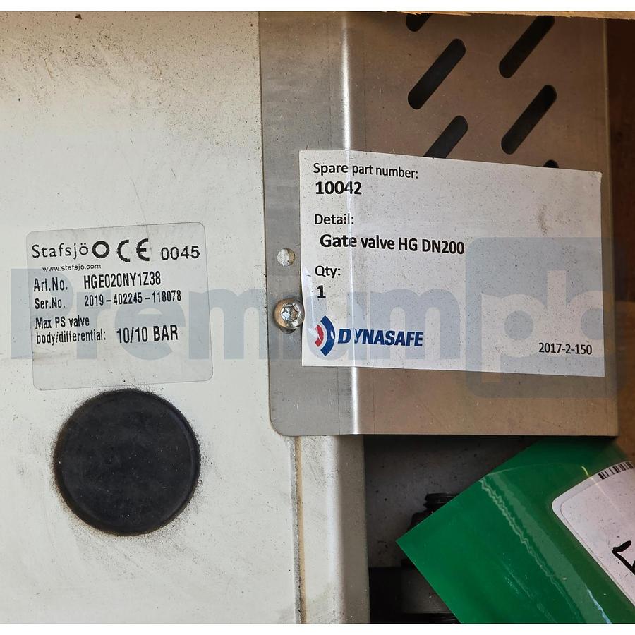 Used Stafsjo Dynasafe 10042 HGE020NY1Z38 Knife Gate Valve HG DN200 8" w/Actuator