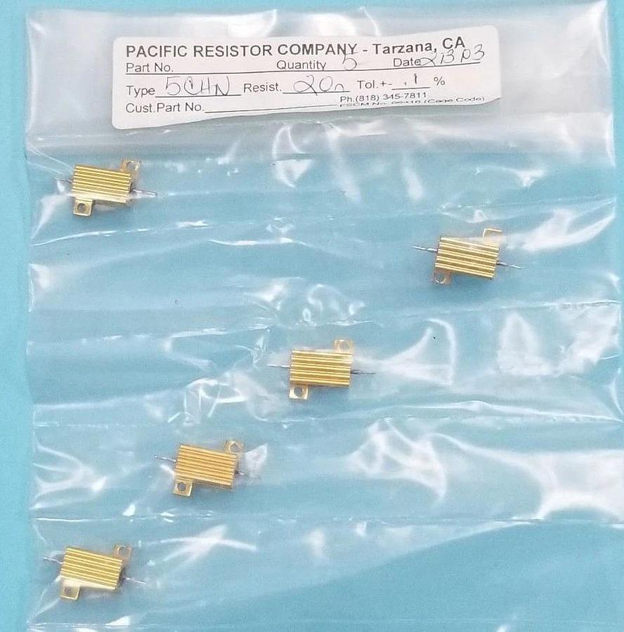 Used LOT OF 5 NEW PACIFIC RESISTOR COMPANY 5CHN RESISTORS 20 OHM, +/-0.1%, 5W